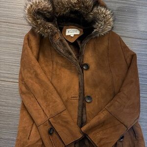 London Fog Brown Teddy Jacket with Faux Fur Hood